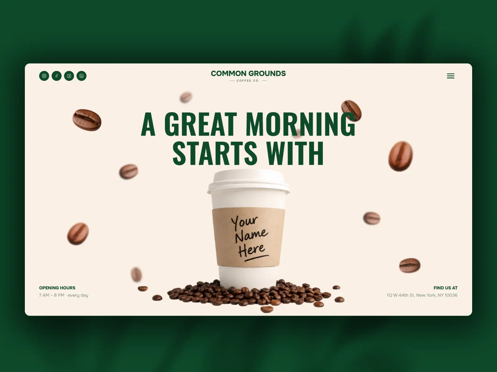 Common Grounds coffee shop website homepage design by Fire Island Design