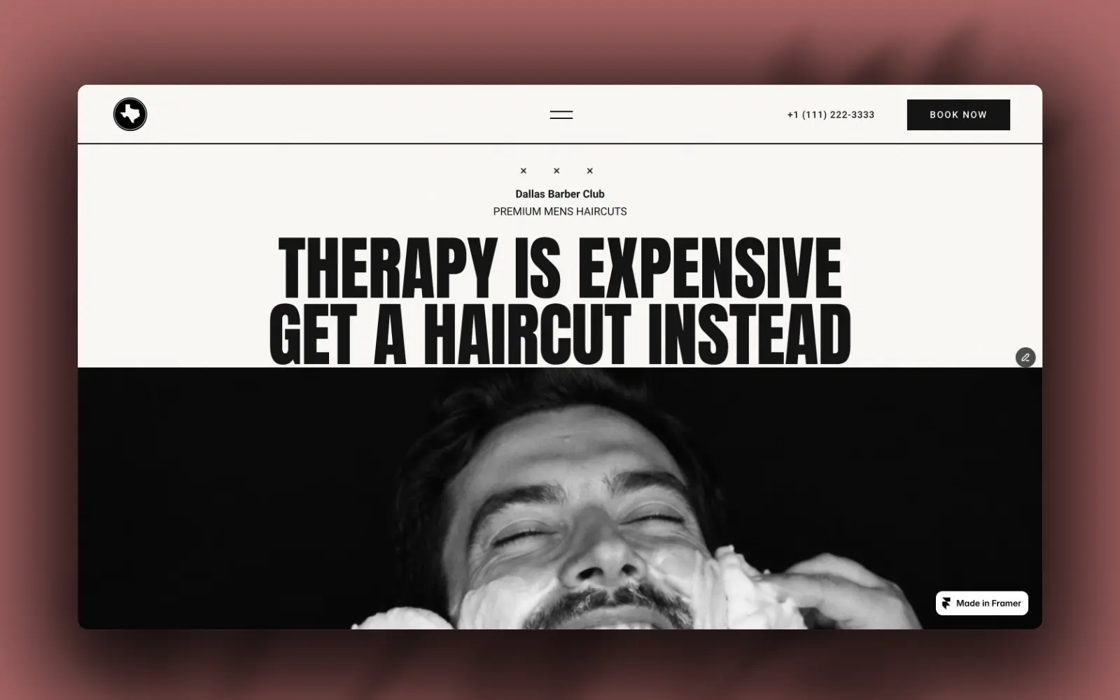 Dallas Barbers Club bold editorial homepage hero design by Fire Island Design