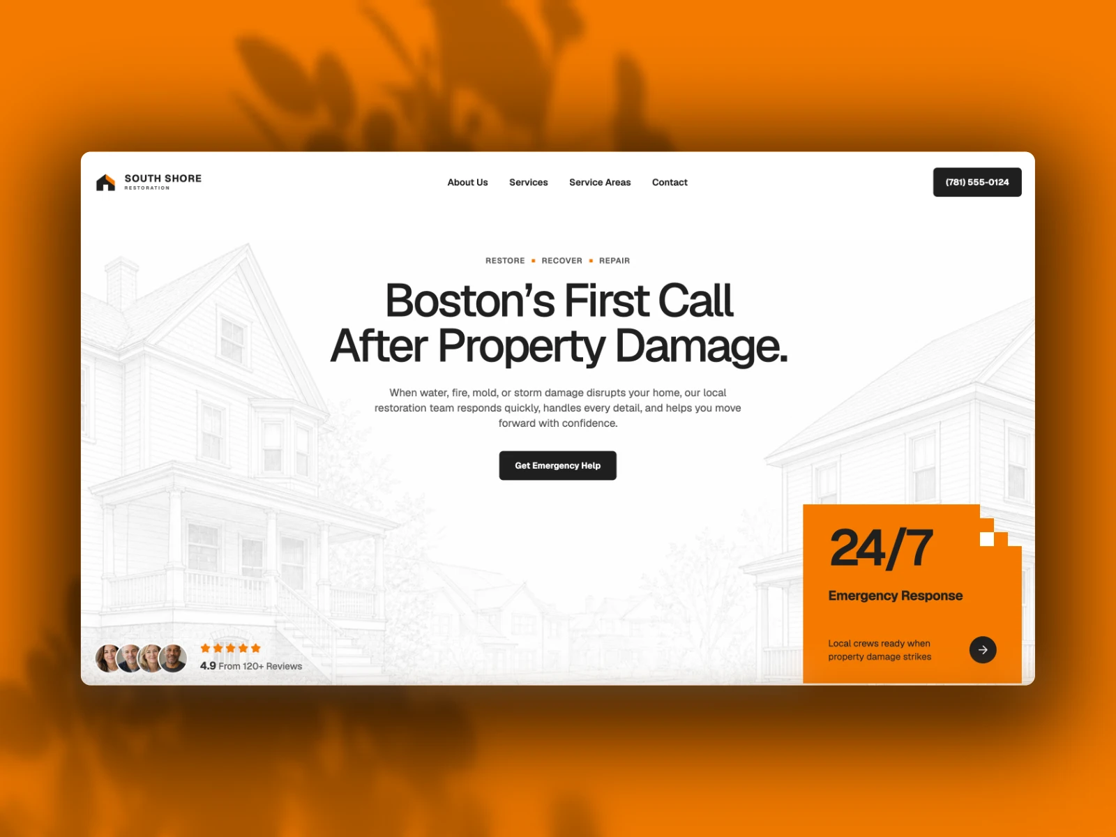 South Shore Restoration website homepage with emergency property-damage response call to action
